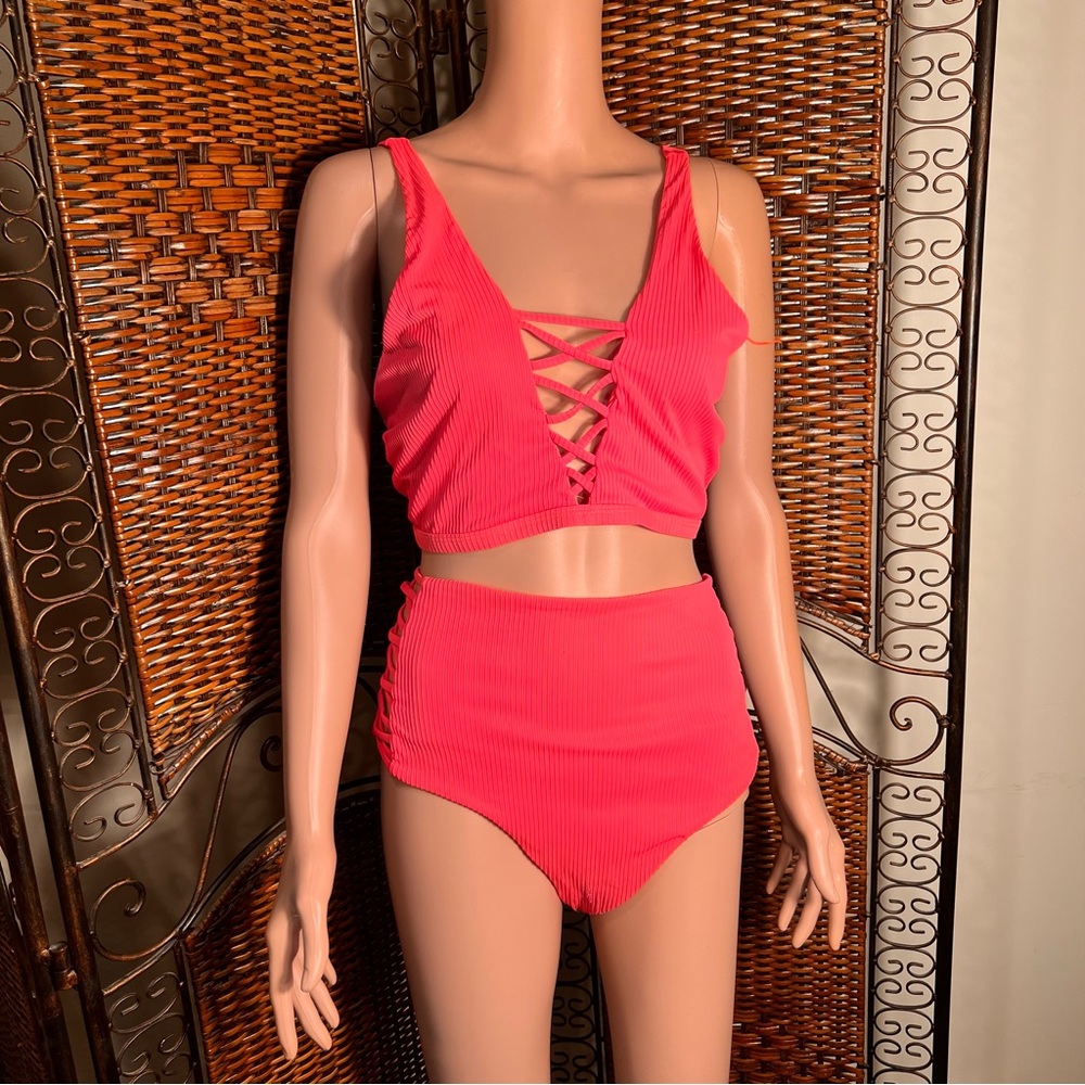 Unbranded two-piece large orange women's bathing suit cutouts on the side XL